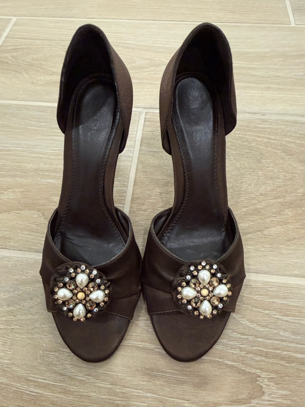 Aldo Dark Brown Peep-Toe Heels with Jewel Brooch